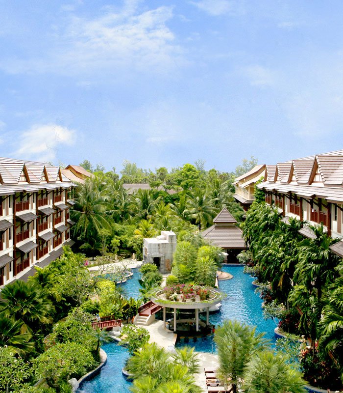 Aerial view of Kata Palm Resort lagoon pools and tropical gardens